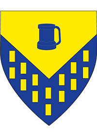Sir Cedric's arms - Per chevron inverted or and azure; billety or; in chief a tankard azure