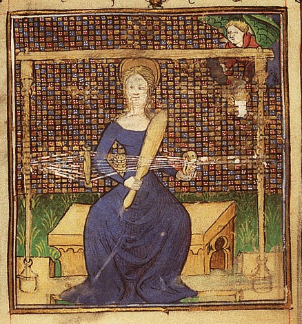 Mary weaving in the Temple. 1410. Illuminated Book of Hours. Koninklijke Bibliotheek, The Hague, Netherlands.