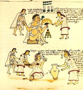 An illustration from Codex Mendoza depicting elderly Aztecs smoking and drinking pulque. By en:User:Billycuts [Public domain], via Wikimedia Commons