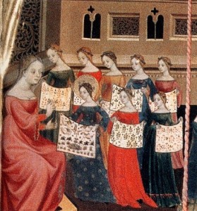 Detail from Altarpiece of the Virgin and Saint George, c. 1400, Luis Borrasse, showing girls working on embroideries for the Church.