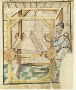 Thomas Holantt at his loom. From the Mendel Hausbüch, Nuremberg City Library. Amb. 317b.2° Folio 43 recto.